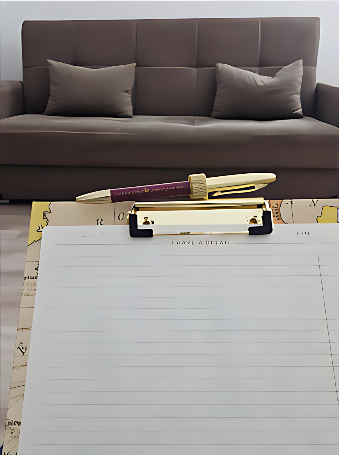 Studio di psicoterapia accogliente con divano e blocco note