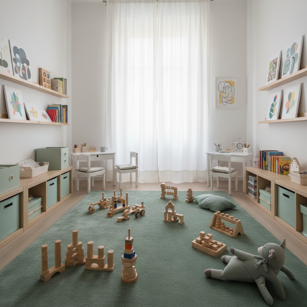 Uno spazio dedicato alla psicoterapia dell’età evolutiva, fotografato con realismo e senza persone: un tappeto morbido color salvia al centro, con sopra alcuni giochi in legno educativi, costruzioni ordinate e peluche dai colori tenui. Alle pareti, scaffali bassi in legno chiaro con libri per bambini, scatole contenitori pastello e disegni stilizzati non riconoscibili. Nell’angolo, una piccola scrivania bianca con due sedute imbottite. La luce naturale entra da una finestra ampia con tende leggere bianche, illuminando dolcemente l’ambiente e creando un’atmosfera sicura, accogliente e rassicurante per bambini e genitori. Inquadratura leggermente dall’alto, composizione ariosa, estetica minimal ma calda, adatta a presentare i servizi per bambini e adolescenti a Roma Fidene.