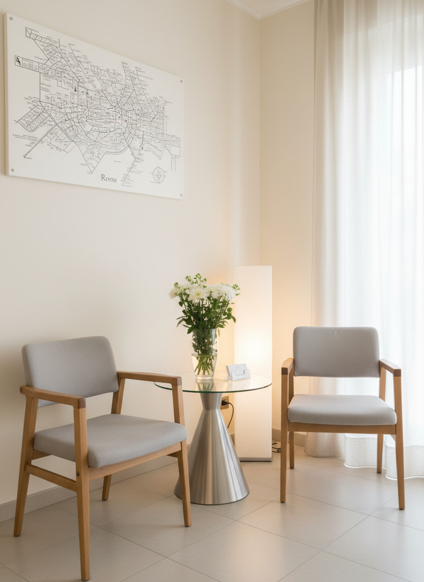 Un angolo d’attesa raffinato e minimalista per uno studio di psicoterapia a Roma Fidene, fotografato in modo realistico e senza persone. Due sedute imbottite color tortora, con struttura in legno chiaro, sono posizionate accanto a un tavolino tondo in vetro e metallo satinato su cui poggia un vaso con fiori freschi bianchi e un piccolo portabiglietti da visita senza testo. Sullo sfondo, una parete color avorio con una mappa artistica stilizzata di Roma quasi monocromatica. Luce naturale filtrata da tende chiare unita a una lampada da terra con luce calda soffusa, che rende l’ambiente intimo, calmo e professionale. Inquadratura a livello degli occhi, composizione centrata, estetica pulita e contemporanea, perfetta per la pagina contatti e informazioni pratiche.