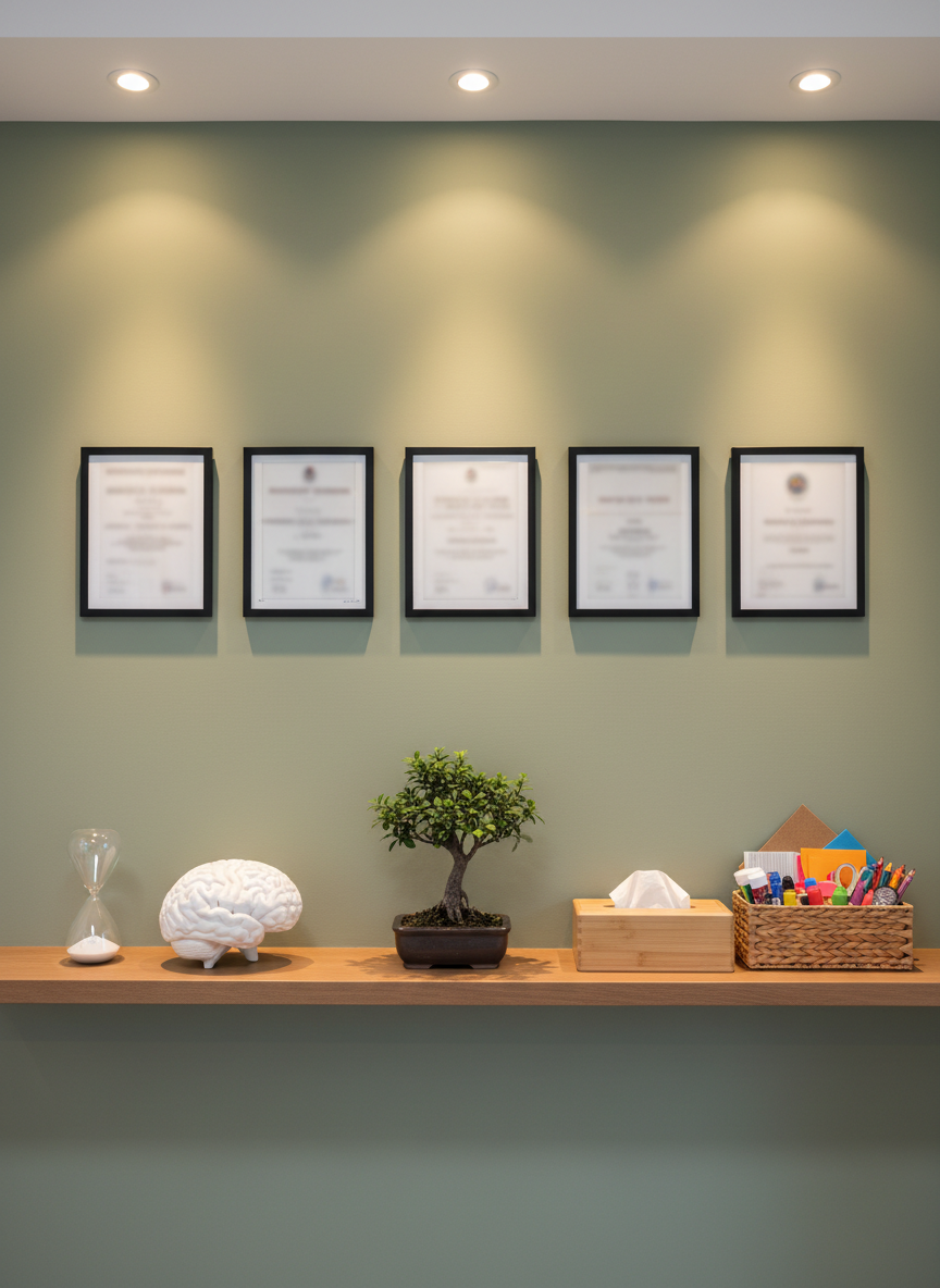 Una parete dello studio di psicoterapia con diversi elementi che suggeriscono l’ampia gamma di servizi offerti, senza persone e in stile fotografico realistico. Su una mensola lunga sono disposti in modo ordinato: una clessidra in vetro trasparente, un modellino stilizzato di cervello in resina bianca, un piccolo albero bonsai, una scatola di fazzoletti in legno e un cesto con materiali creativi per bambini. Sopra, una serie di cornici sobrie che evocano diplomi e specializzazioni, prive di testo leggibile. La luce è diffusa, proveniente da faretti a soffitto con temperatura calda, che creano un’atmosfera composta, professionale e rassicurante. Inquadratura frontale, messa a fuoco uniforme, composizione equilibrata e moderna, adatta per una pagina “Servizi di psicoterapia” dello studio Minerva.
