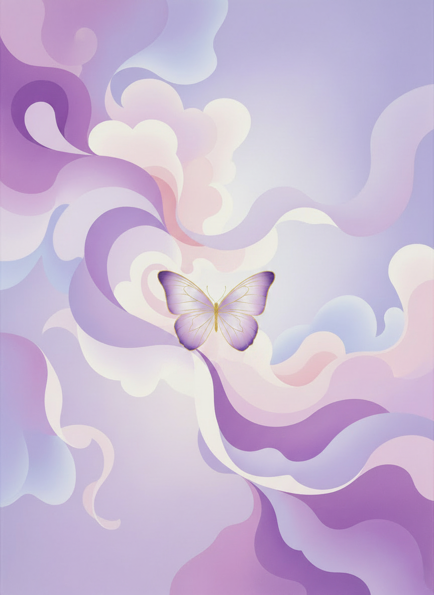 Abstract art with soft lilac and violet tones, flowing organic shapes, gentle gradients, featuring a delicate butterfly as a central element, calm and serene atmosphere, suitable for a psychotherapy studio. Portrait orientation.
