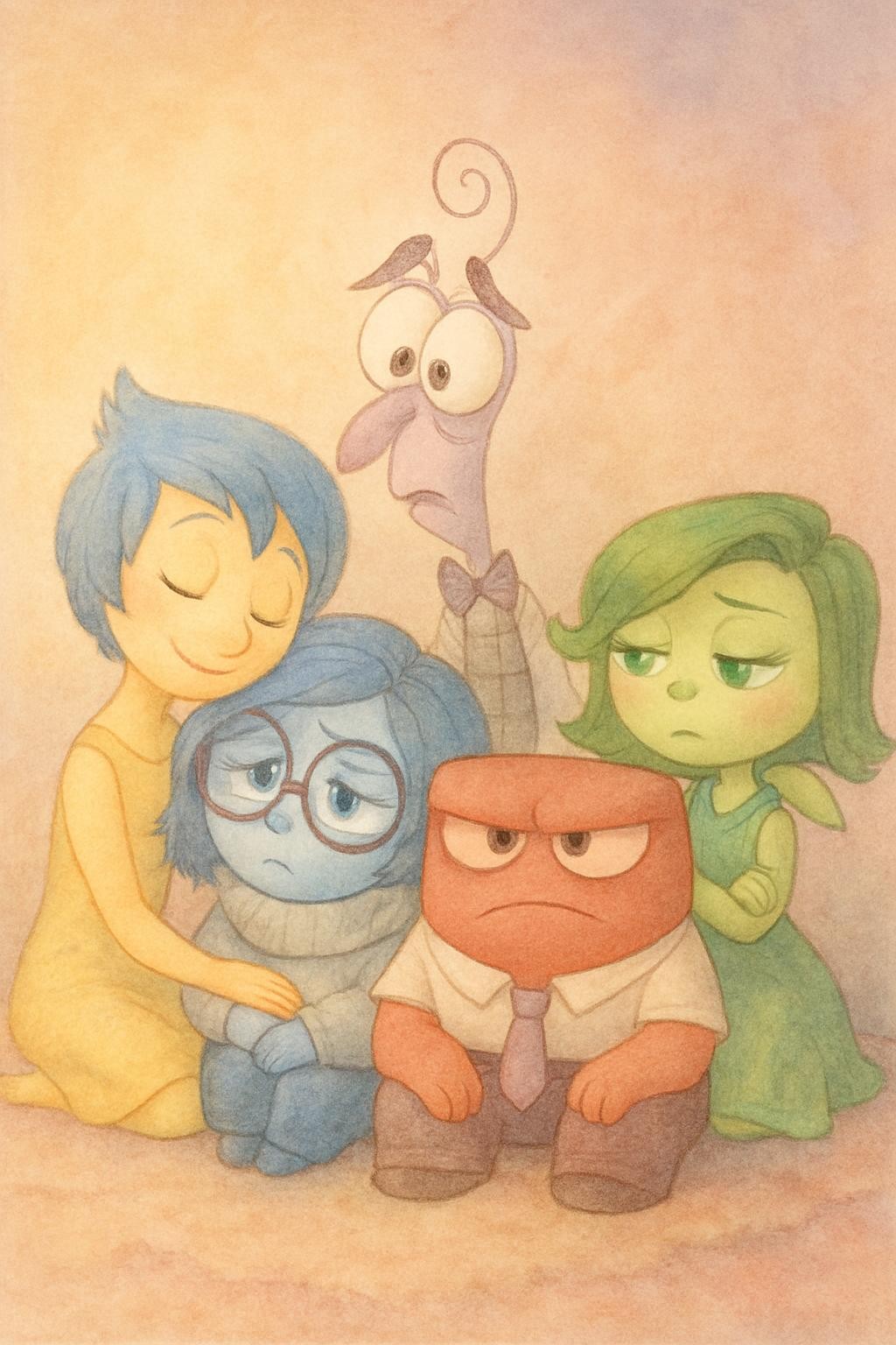 Illustrazione delicata ispirata ai personaggi di Inside Out in stile acquerello e colori pastello