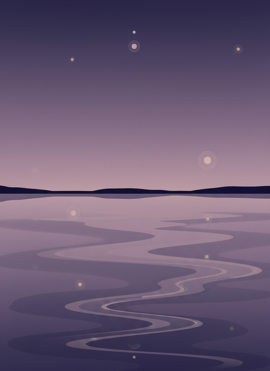 A calm sea at dusk, abstract and minimalist style, soft waves, color palette of lilac, violet, mauve and soft purple tones. Dreamy and poetic atmosphere, not too structured, simple and evocative. Could suggest introspection and depth.