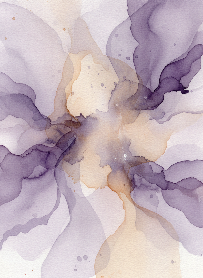 title Abstract artwork for a psychotherapy blog page. Soft, flowing abstract shapes in muted violet, lavender and warm beige tones. Gentle watercolor-like textures suggesting introspection, calm, and mental clarity. No people, no text, purely abstract and evocative.
